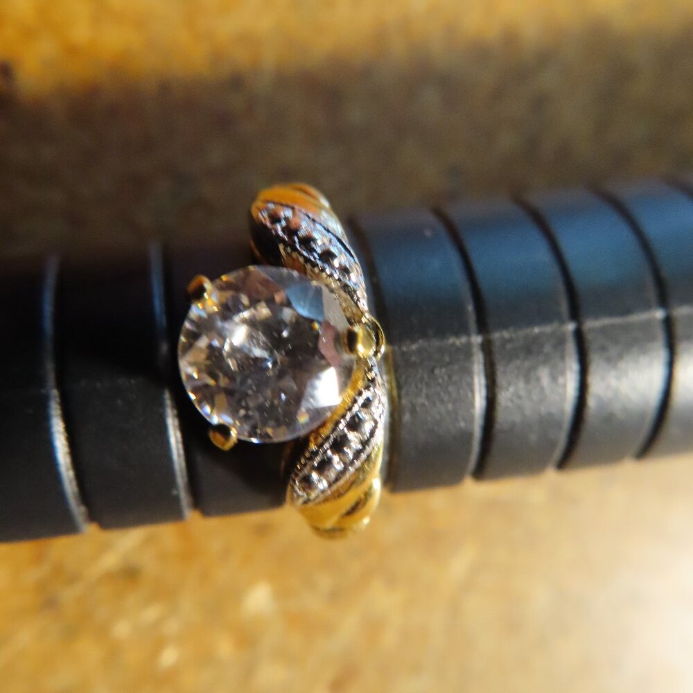 14K Heavy Yellow Gold Electroplated Crystal Solitaire Ring; Size 5.75